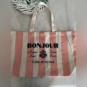NWOT - Sézane Bonjour Canvas Tote Bag, pristine never used, pink stripe on beige